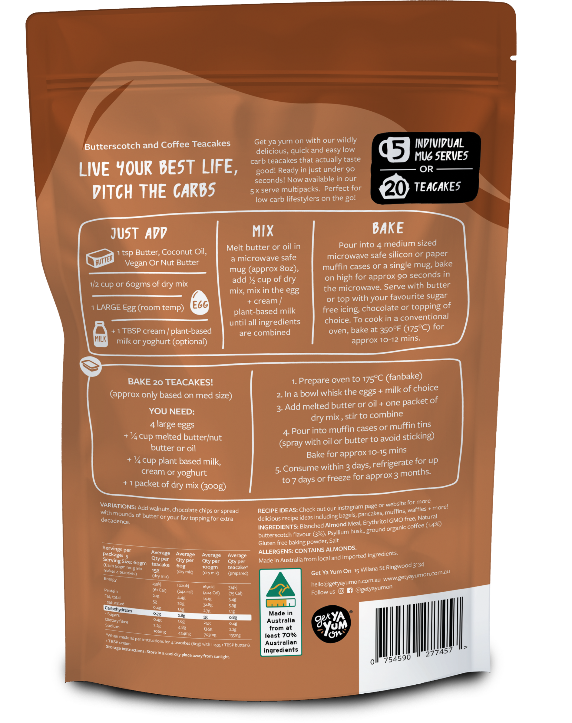 BUTTERSCOTCH & COFFEE TEACAKES 300gm (5 X Mug Mix VALUE PACK)