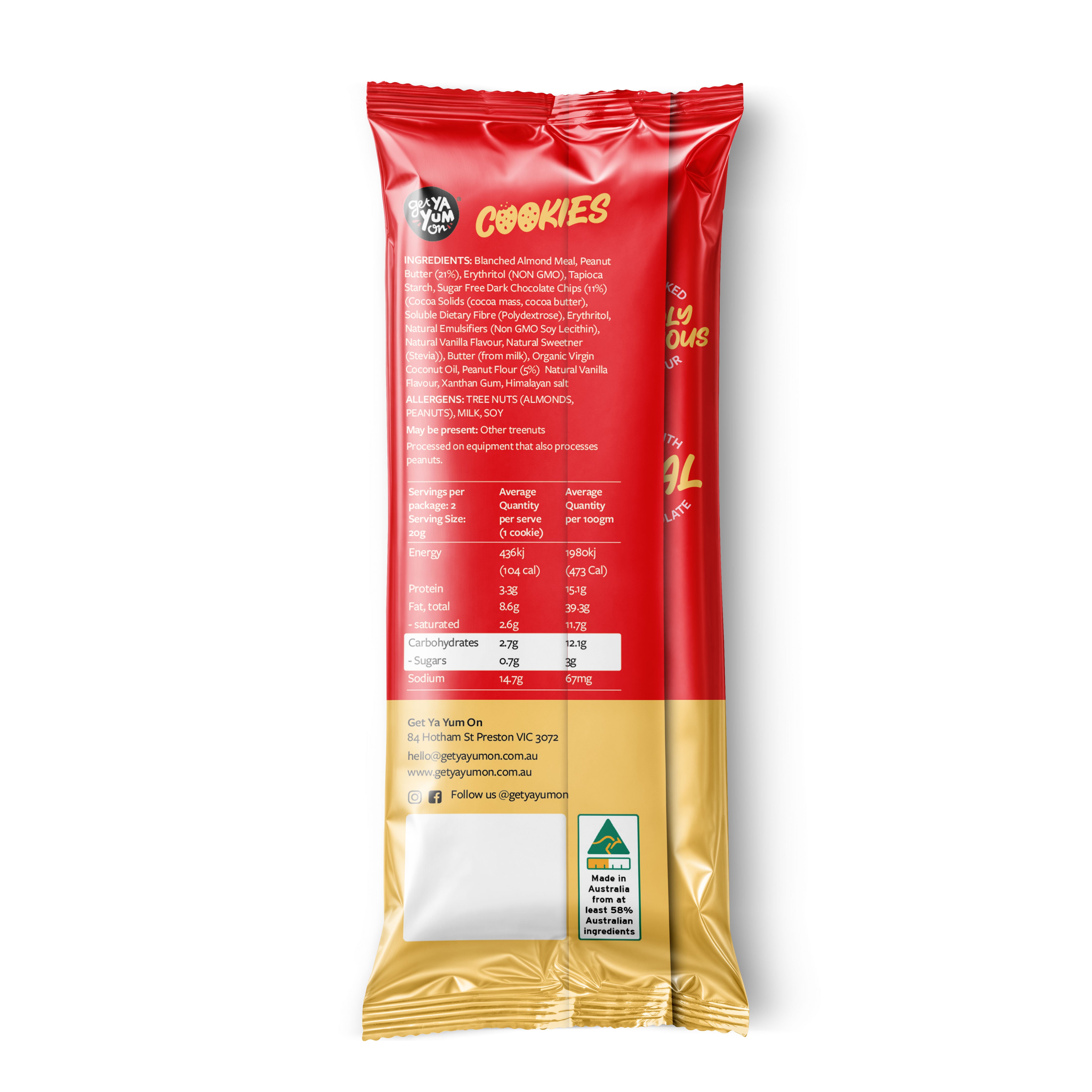 BIGGER Cookies Peanut Butter Choc Chips - 2 PACK SINGLE SERVE 40g x 10