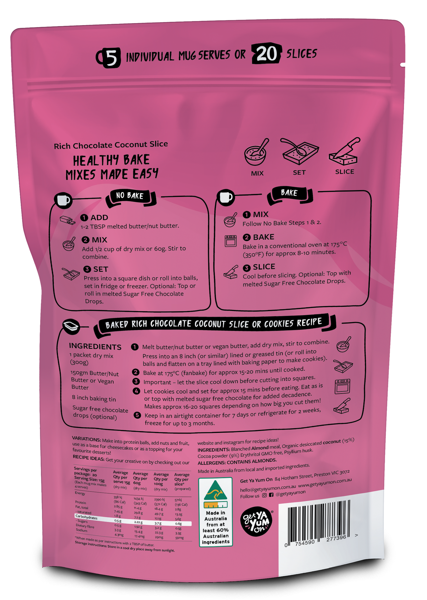 RICH CHOCOLATE COCONUT SLICE (No Bake) 300gm (5 X Mug Mix VALUE PACK)