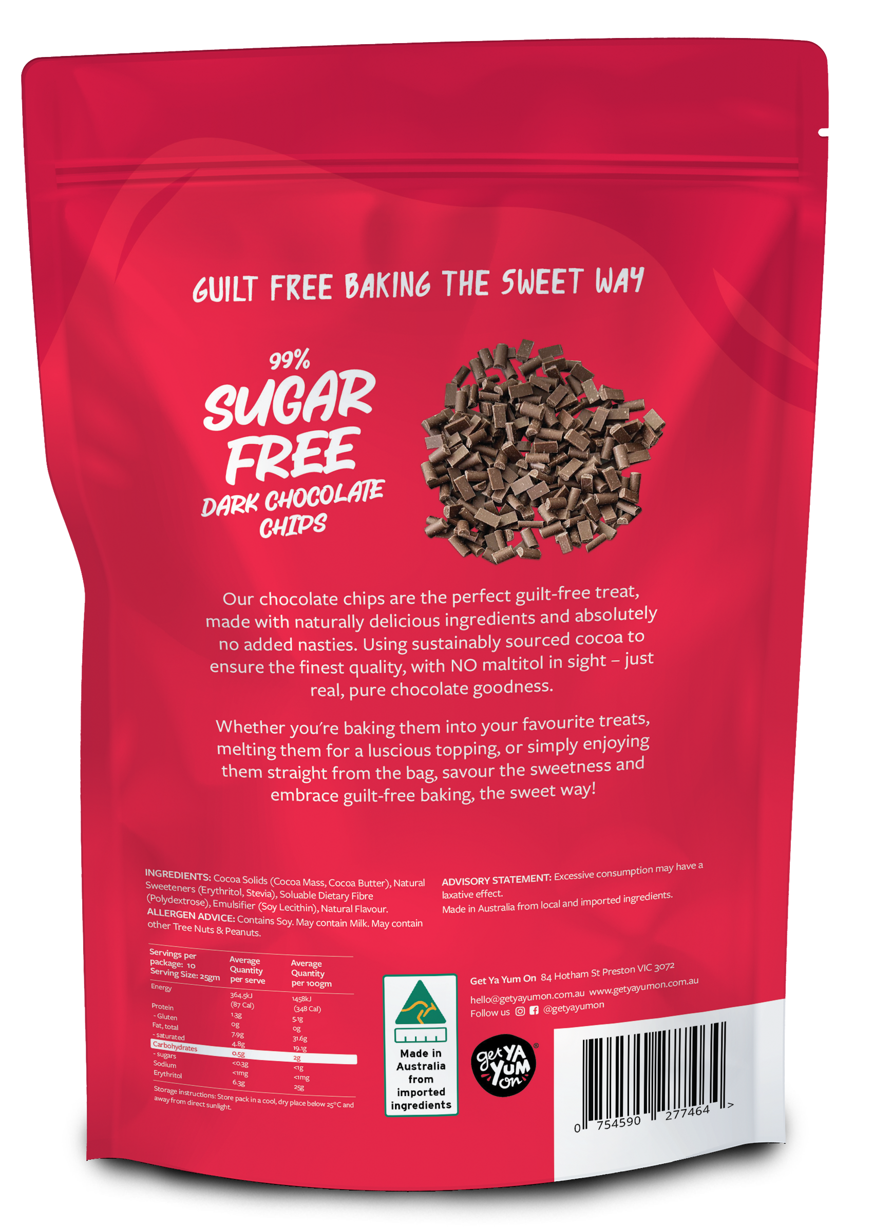 99% Sugar Free Dark Chocolate Chips 250g
